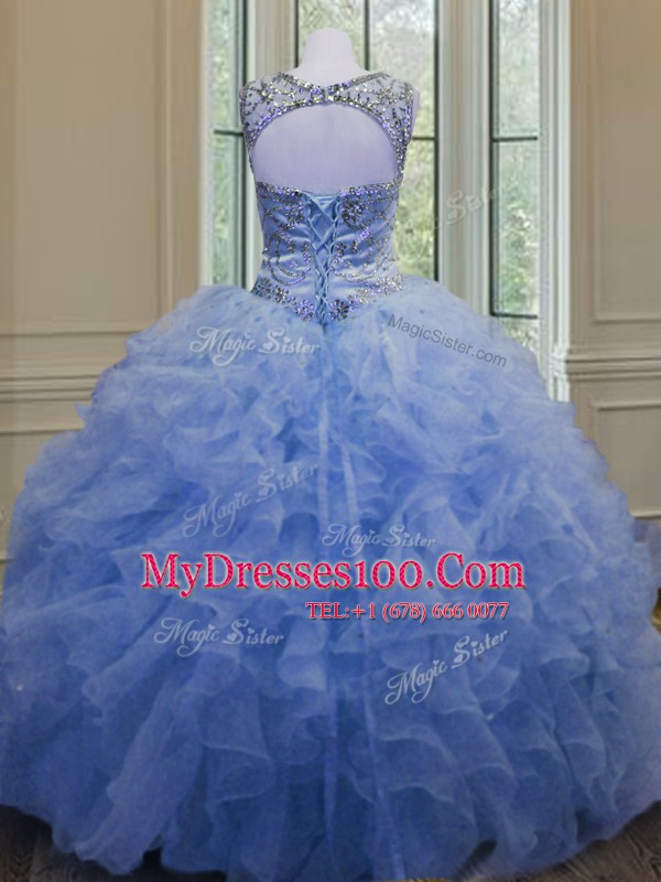 Blue Sweet 16 Quinceanera Dress Military Ball and Sweet 16 and Quinceanera and For with Beading and Ruffles Scoop Sleeveless Lace Up