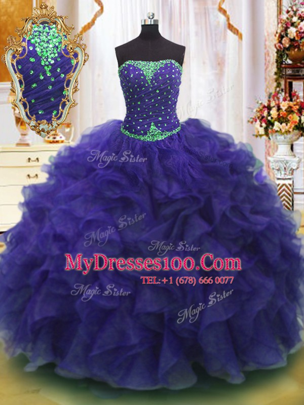 Simple Purple Sleeveless Beading and Ruffles Floor Length Quinceanera Dresses