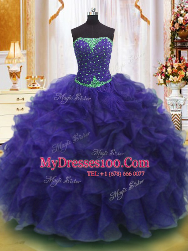 Simple Purple Sleeveless Beading and Ruffles Floor Length Quinceanera Dresses