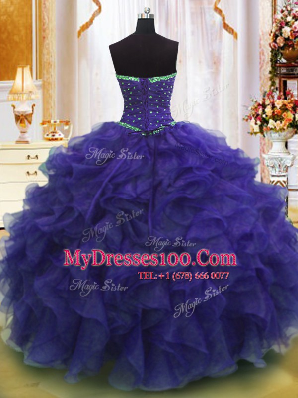 Simple Purple Sleeveless Beading and Ruffles Floor Length Quinceanera Dresses