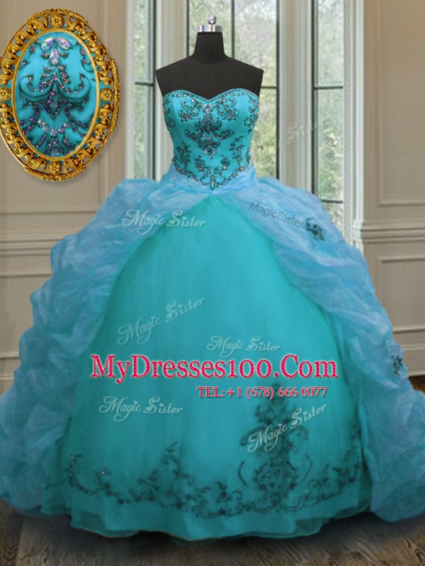 Sumptuous Aqua Blue Ball Gowns Beading and Appliques and Pick Ups Ball Gown Prom Dress Lace Up Organza Sleeveless With Train