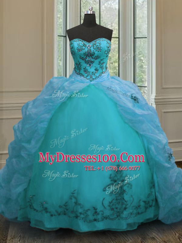 Sumptuous Aqua Blue Ball Gowns Beading and Appliques and Pick Ups Ball Gown Prom Dress Lace Up Organza Sleeveless With Train