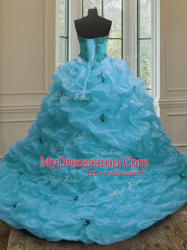 Sumptuous Aqua Blue Ball Gowns Beading and Appliques and Pick Ups Ball Gown Prom Dress Lace Up Organza Sleeveless With Train