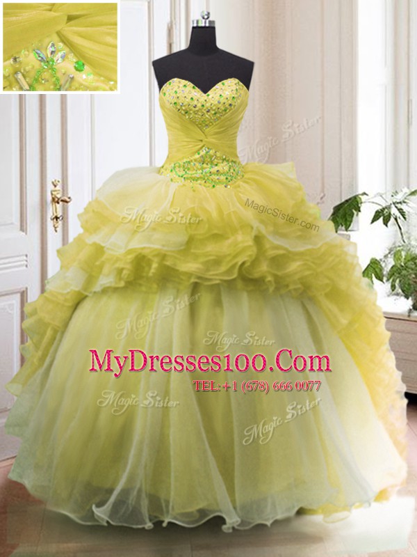 Modest Organza Sweetheart Sleeveless Court Train Lace Up Beading and Ruffled Layers Sweet 16 Dresses in Light Yellow