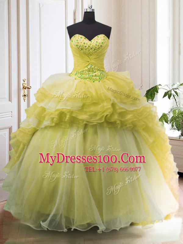 Modest Organza Sweetheart Sleeveless Court Train Lace Up Beading and Ruffled Layers Sweet 16 Dresses in Light Yellow