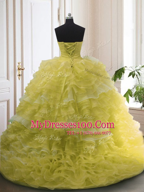 Modest Organza Sweetheart Sleeveless Court Train Lace Up Beading and Ruffled Layers Sweet 16 Dresses in Light Yellow