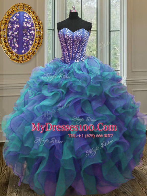 Multi-color Lace Up Quinceanera Dresses Beading and Ruffles Sleeveless Floor Length