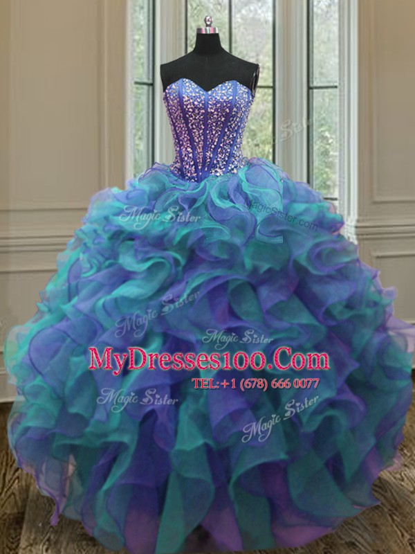 Multi-color Lace Up Quinceanera Dresses Beading and Ruffles Sleeveless Floor Length