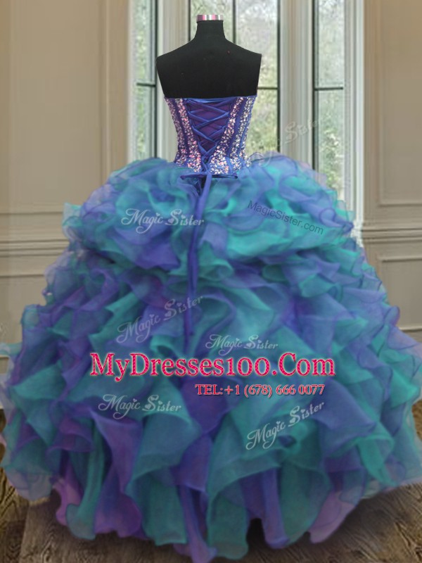 Multi-color Lace Up Quinceanera Dresses Beading and Ruffles Sleeveless Floor Length