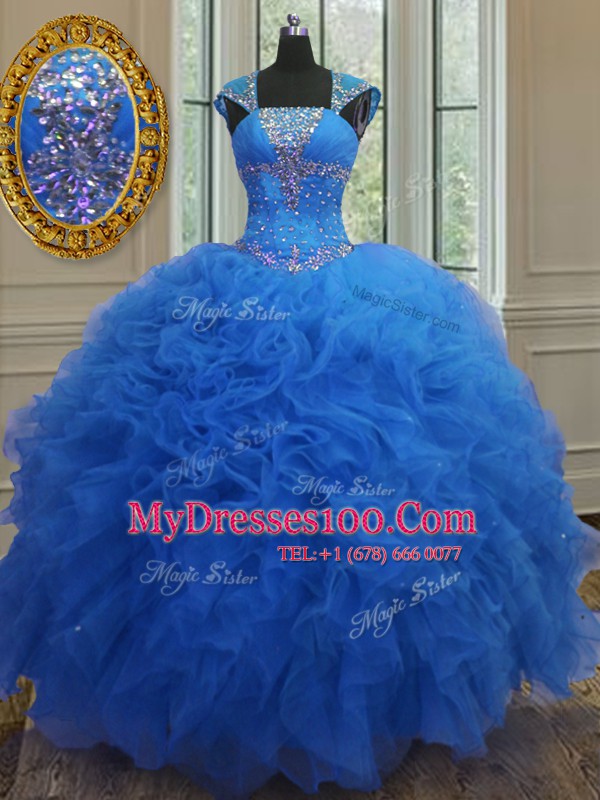 Fitting Sweetheart Cap Sleeves Organza 15 Quinceanera Dress Beading and Ruffles and Sequins Lace Up