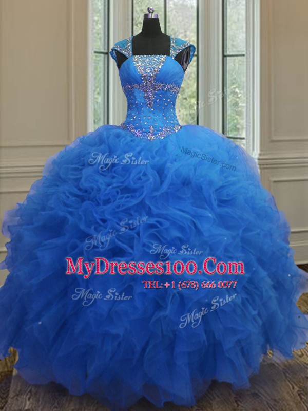 Fitting Sweetheart Cap Sleeves Organza 15 Quinceanera Dress Beading and Ruffles and Sequins Lace Up