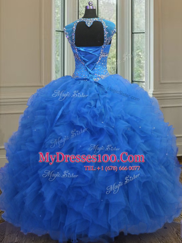 Fitting Sweetheart Cap Sleeves Organza 15 Quinceanera Dress Beading and Ruffles and Sequins Lace Up