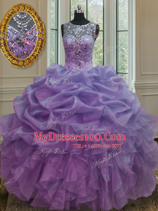 Cheap Scoop Lavender Lace Up Quinceanera Dresses Beading and Ruffles and Pick Ups Sleeveless Floor Length