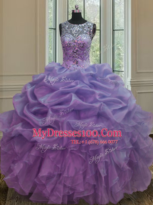 Cheap Scoop Lavender Lace Up Quinceanera Dresses Beading and Ruffles and Pick Ups Sleeveless Floor Length