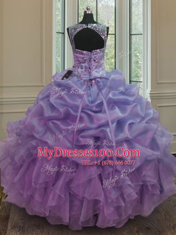 Cheap Scoop Lavender Lace Up Quinceanera Dresses Beading and Ruffles and Pick Ups Sleeveless Floor Length