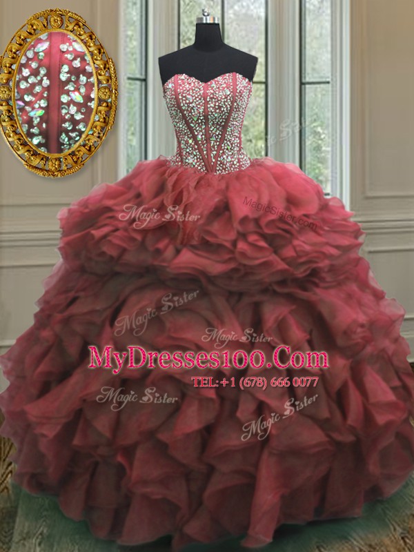 Sweetheart Sleeveless 15 Quinceanera Dress Floor Length Beading and Ruffles Pink Organza