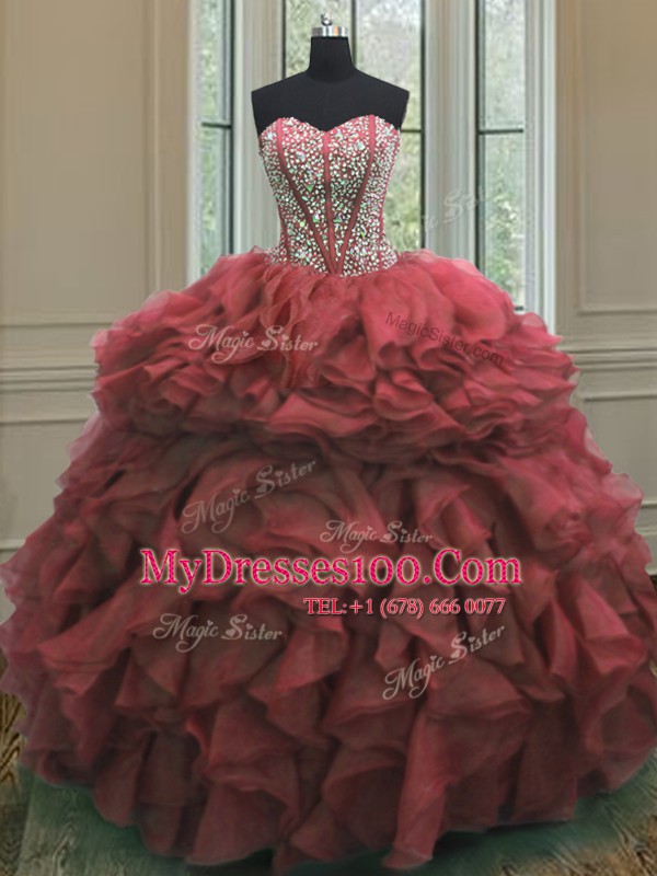 Sweetheart Sleeveless 15 Quinceanera Dress Floor Length Beading and Ruffles Pink Organza
