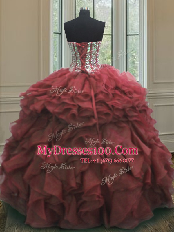 Sweetheart Sleeveless 15 Quinceanera Dress Floor Length Beading and Ruffles Pink Organza