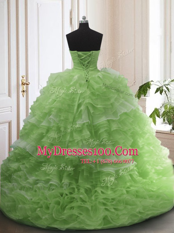 Sleeveless Court Train Beading and Ruffled Layers Lace Up Quinceanera Dress