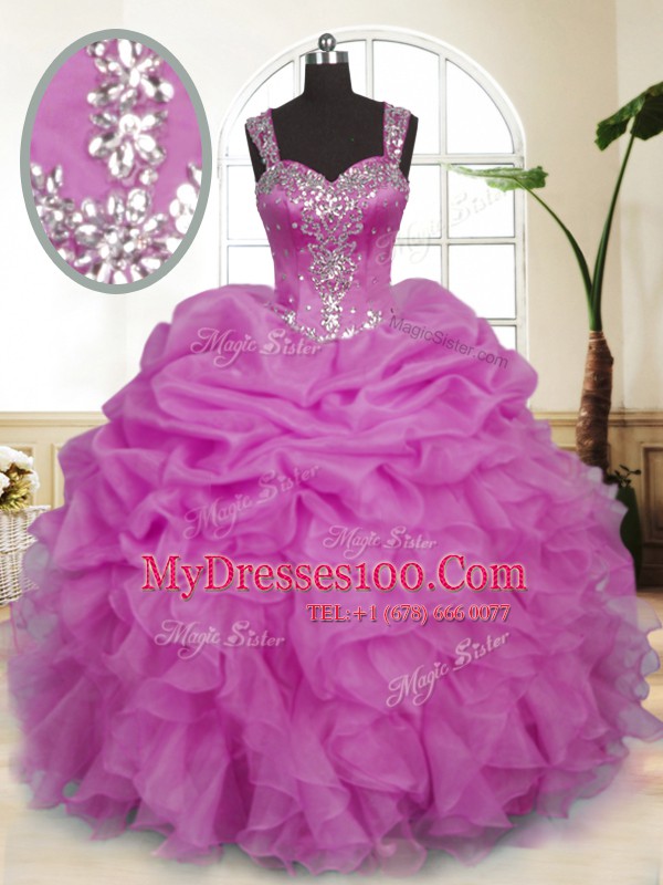 Lilac Ball Gowns Beading and Ruffles and Pick Ups Quince Ball Gowns Zipper Organza Sleeveless Floor Length