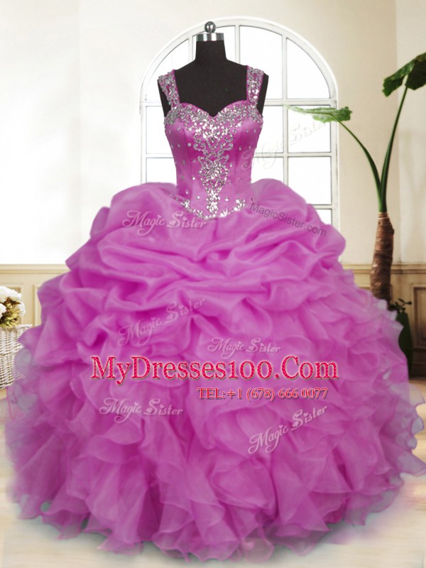 Lilac Ball Gowns Beading and Ruffles and Pick Ups Quince Ball Gowns Zipper Organza Sleeveless Floor Length