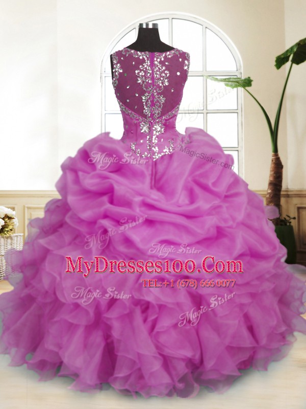 Lilac Ball Gowns Beading and Ruffles and Pick Ups Quince Ball Gowns Zipper Organza Sleeveless Floor Length