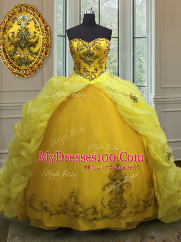 Suitable Beading and Appliques and Pick Ups Vestidos de Quinceanera Light Yellow Lace Up Sleeveless With Train Court Train