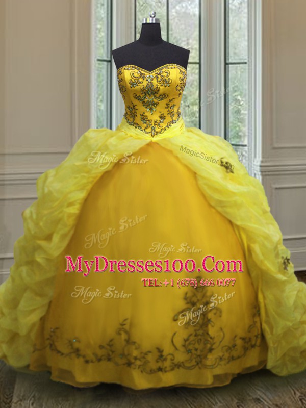 Suitable Beading and Appliques and Pick Ups Vestidos de Quinceanera Light Yellow Lace Up Sleeveless With Train Court Train