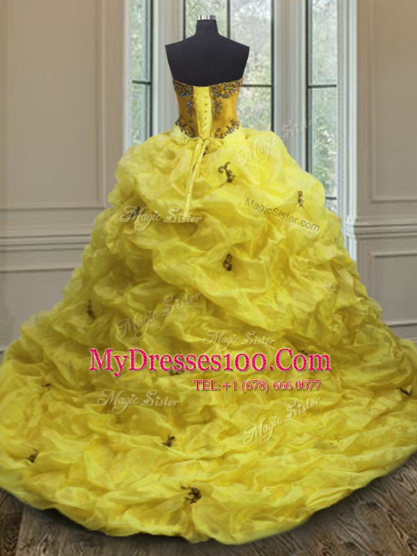 Suitable Beading and Appliques and Pick Ups Vestidos de Quinceanera Light Yellow Lace Up Sleeveless With Train Court Train