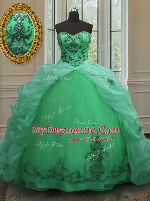 Beading and Appliques and Pick Ups Quinceanera Dresses Green Lace Up Sleeveless With Train Court Train