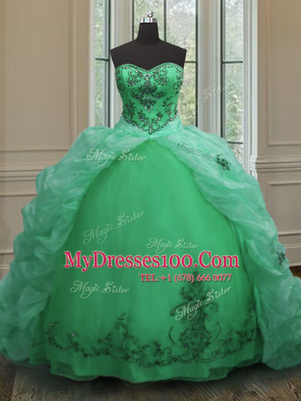 Beading and Appliques and Pick Ups Quinceanera Dresses Green Lace Up Sleeveless With Train Court Train