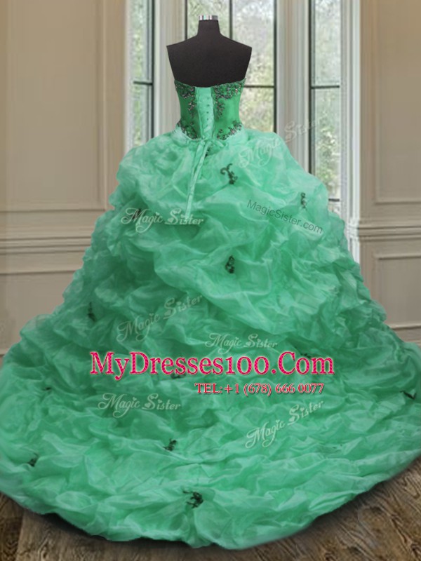 Beading and Appliques and Pick Ups Quinceanera Dresses Green Lace Up Sleeveless With Train Court Train