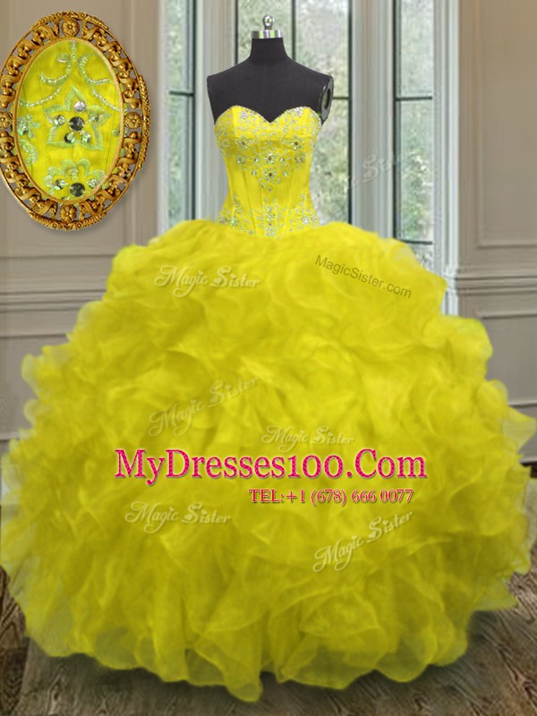 Classical Organza Sleeveless Floor Length Quinceanera Gown and Beading and Embroidery and Ruffles