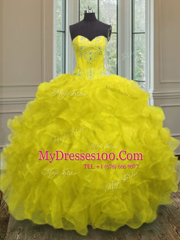 Classical Organza Sleeveless Floor Length Quinceanera Gown and Beading and Embroidery and Ruffles