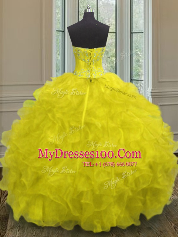 Classical Organza Sleeveless Floor Length Quinceanera Gown and Beading and Embroidery and Ruffles