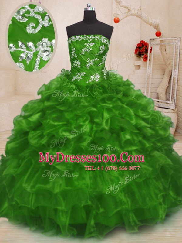 Low Price Ball Gowns Organza Strapless Sleeveless Beading and Appliques Floor Length Lace Up Quince Ball Gowns