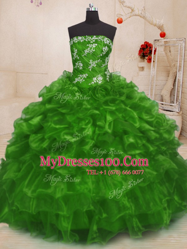 Low Price Ball Gowns Organza Strapless Sleeveless Beading and Appliques Floor Length Lace Up Quince Ball Gowns