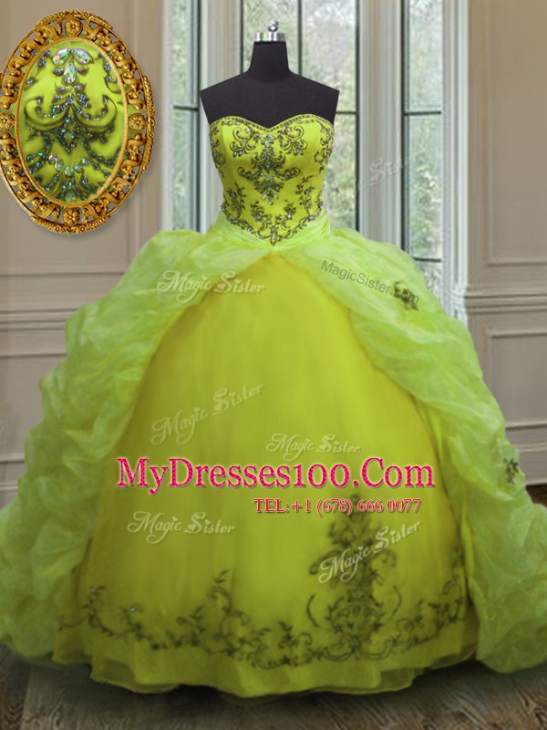 Extravagant Yellow Green Sweetheart Neckline Beading and Appliques and Pick Ups Quinceanera Gown Sleeveless Lace Up