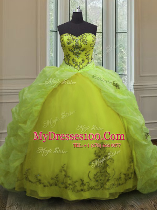 Extravagant Yellow Green Sweetheart Neckline Beading and Appliques and Pick Ups Quinceanera Gown Sleeveless Lace Up
