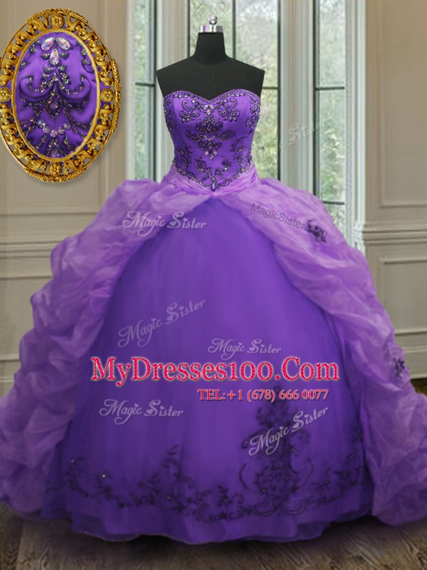 Fantastic Pick Ups With Train Purple Sweet 16 Quinceanera Dress Sweetheart Sleeveless Court Train Lace Up