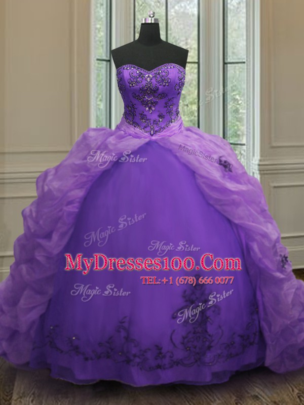 Fantastic Pick Ups With Train Purple Sweet 16 Quinceanera Dress Sweetheart Sleeveless Court Train Lace Up