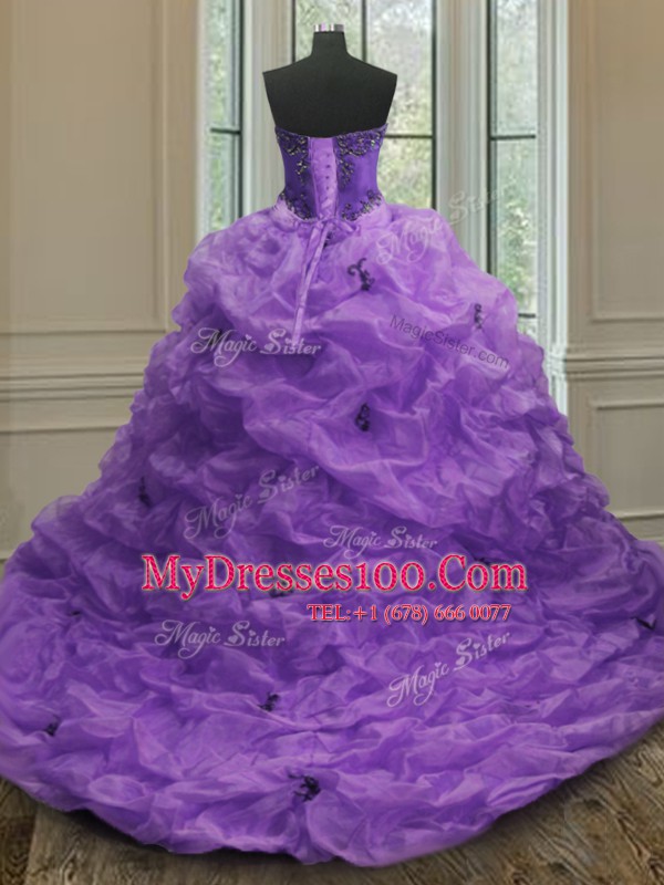 Fantastic Pick Ups With Train Purple Sweet 16 Quinceanera Dress Sweetheart Sleeveless Court Train Lace Up