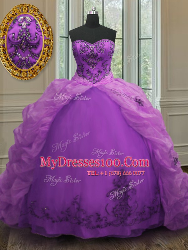 Purple Sleeveless Court Train Beading and Appliques and Pick Ups With Train Quince Ball Gowns