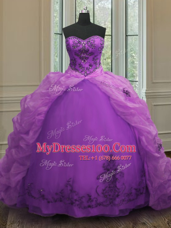 Purple Sleeveless Court Train Beading and Appliques and Pick Ups With Train Quince Ball Gowns