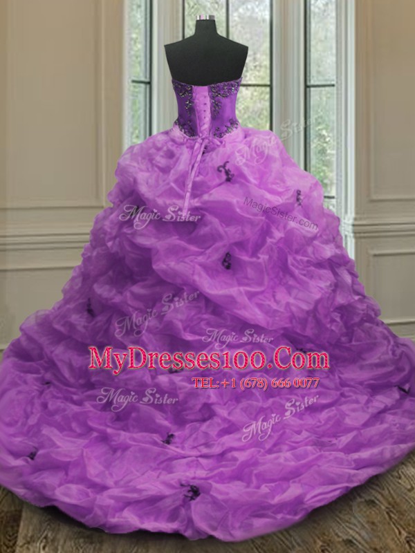 Purple Sleeveless Court Train Beading and Appliques and Pick Ups With Train Quince Ball Gowns