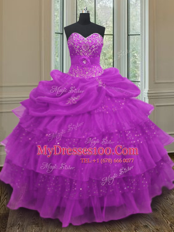 Customized Halter Top Sleeveless Organza Floor Length Lace Up Quince Ball Gowns in Purple with Beading and Ruffled Layers and Pick Ups