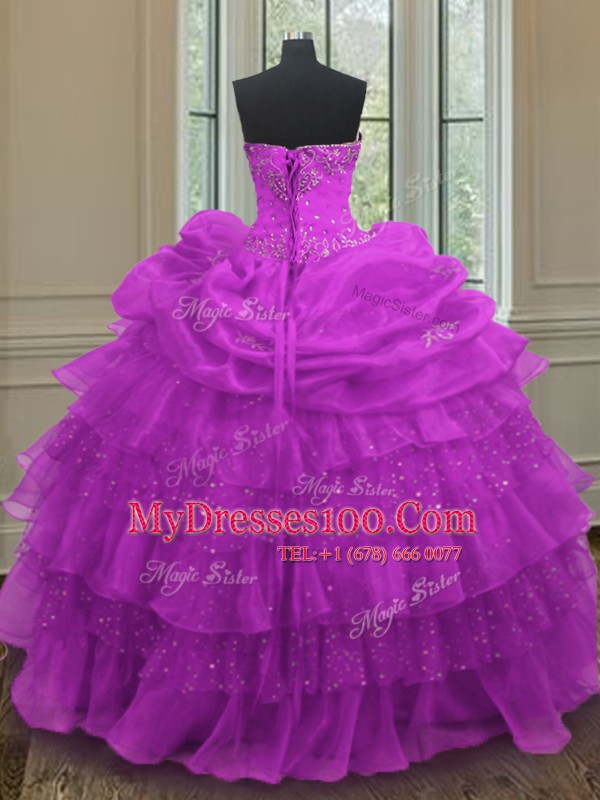 Customized Halter Top Sleeveless Organza Floor Length Lace Up Quince Ball Gowns in Purple with Beading and Ruffled Layers and Pick Ups