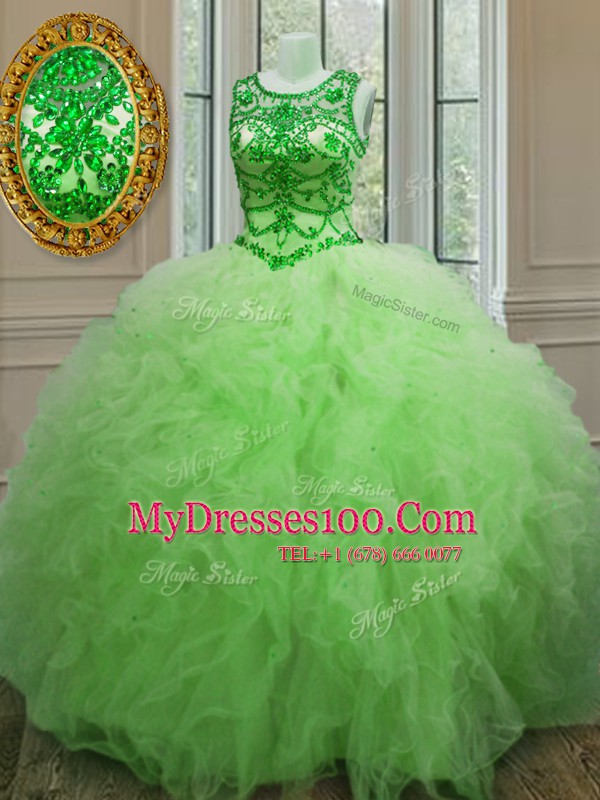 Pretty Scoop Sleeveless Tulle Lace Up Quinceanera Gown for Military Ball and Sweet 16 and Quinceanera
