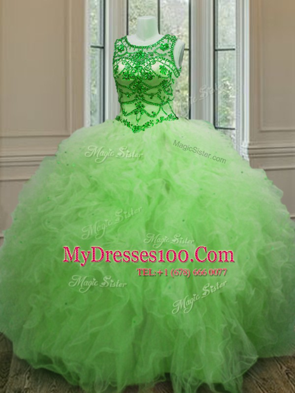 Pretty Scoop Sleeveless Tulle Lace Up Quinceanera Gown for Military Ball and Sweet 16 and Quinceanera