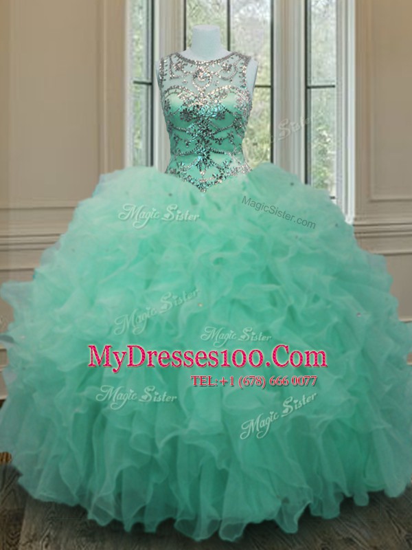 Scoop Apple Green Ball Gowns Beading and Ruffles Vestidos de Quinceanera Lace Up Organza Sleeveless Floor Length